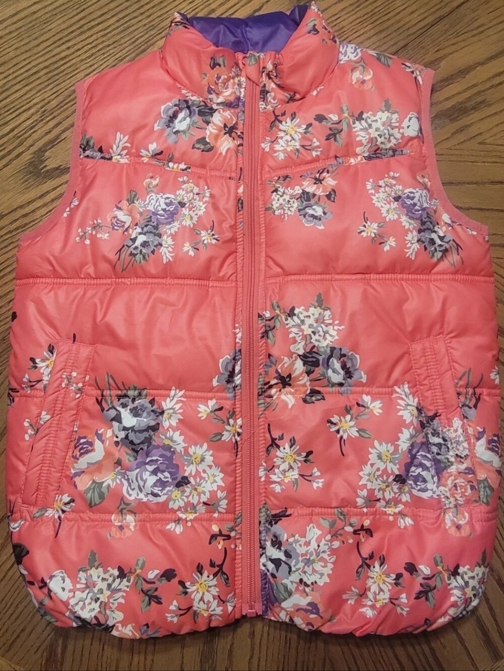 Coral Floral Puffer Vest for Kids - Sleeveless Packable Jacket Size 10 (1024)